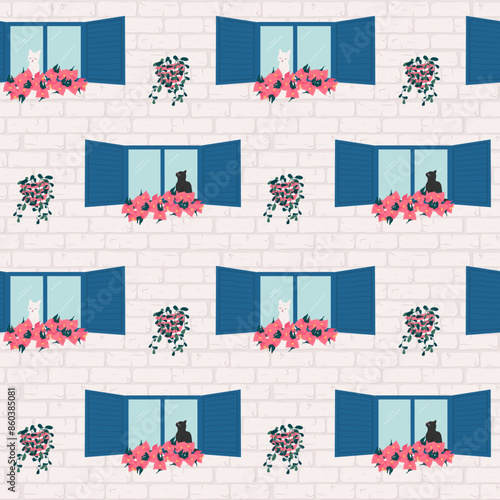 cute hand drawn cartoon character black cat and white cat at blue windows with bougainvillea flowers summertime seamless vector pattern background illustration