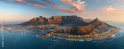 Cape Town - Table Mountain Table Mountain towering over Cape Town, with the city’s vibrant life and the Atlantic Ocean stretching into the distance