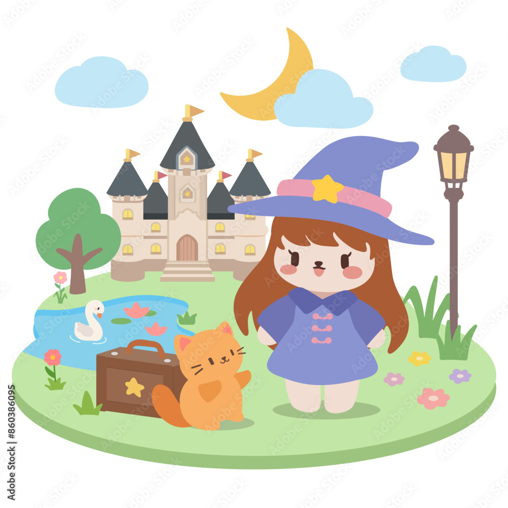 Naklejka premium Kawaii Witch and Cat in Front of Enchanted Castle. Cute Fantasy Illustration.Adorable Witch by Castle and Pond. Magical Fairytale Scene.