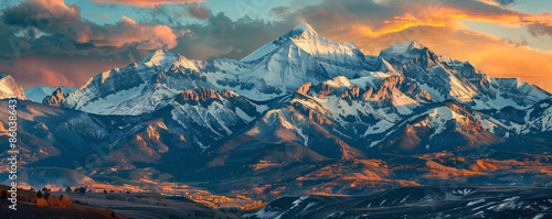Sunrise Over Snowy Peaks Golden rays of the sunrise illuminating the tips of majestic, snow-covered mountain peaks, casting long shadows over the valleys below photo