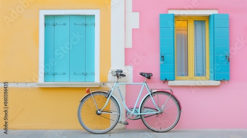 Vintage bicycle with pastel-colored background featuring a yellow and pink facade with teal shutters and a window.