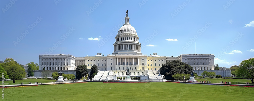 Fototapeta premium Washington D.C. - The Capitol Building The majestic U.S. Capitol Building in Washington D.C., standing tall and proud under a clear blue sky, symbolizing democracy and power