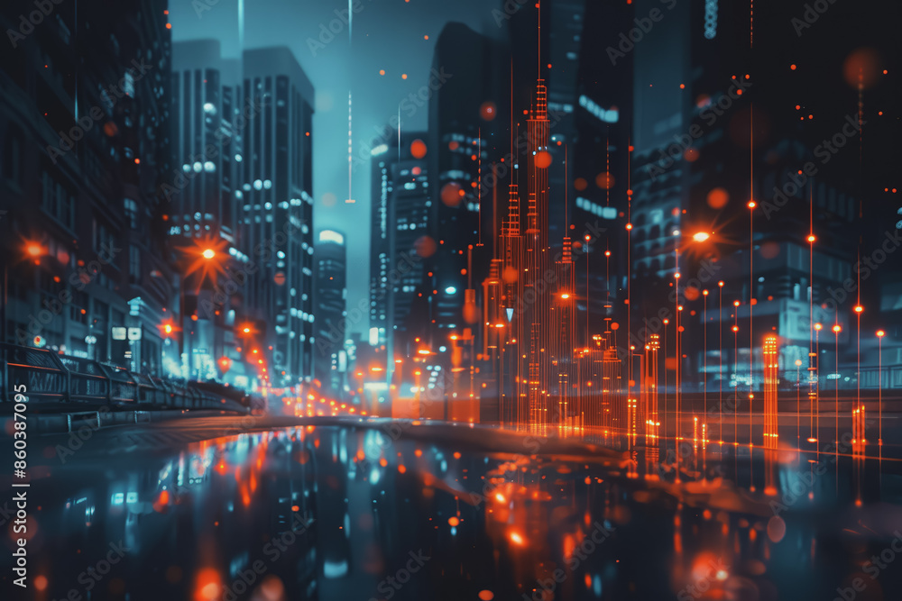 Obraz premium Financial chart graph shining in the city with business and blurred night scene in the background.