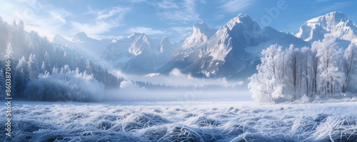 Wallpaper Mural An alpine meadow blanketed in frost and snow, with delicate ice crystals on the grass and a panoramic view of snow-covered mountains Torontodigital.ca