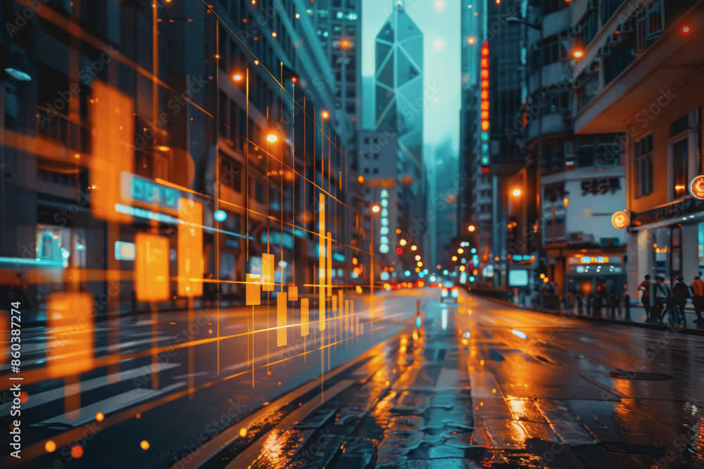 Financial chart graph shining in the city with business and blurred night scene in the background. Financial chart graph shining in the city with business and blurred night scene in the background.