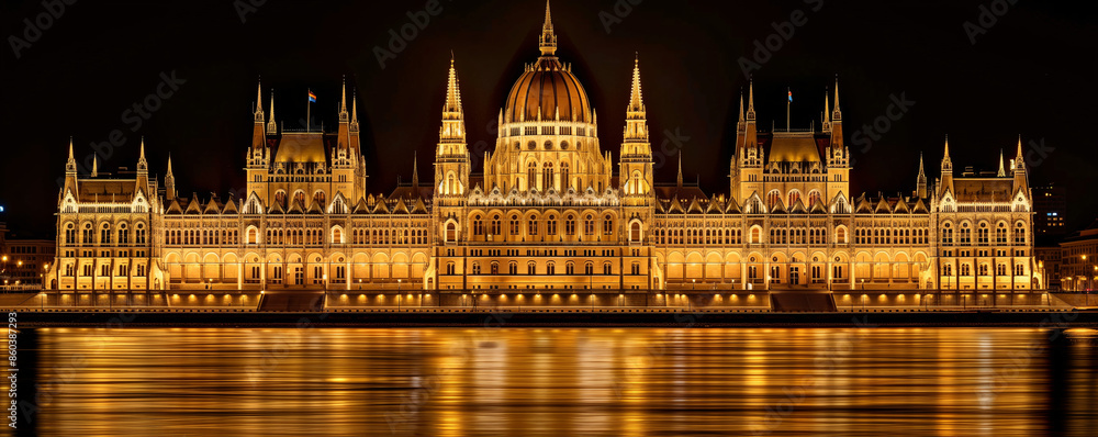 Obraz premium Budapest - Parliament Building The magnificent Hungarian Parliament Building on the banks of the Danube River, illuminated under the night sky, reflecting in the water below