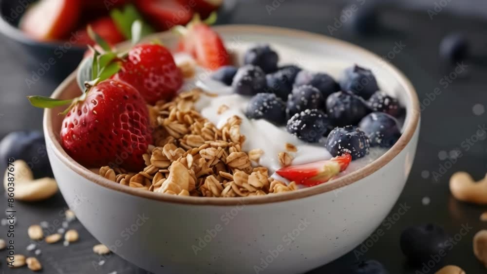 A colorful bowl filled with yogurt, strawberries, and blueberries, perfect for a healthy snack or breakfast. A colorful bowl filled with yogurt, strawberries, and blueberries, perfect for a healthy snack or breakfast.