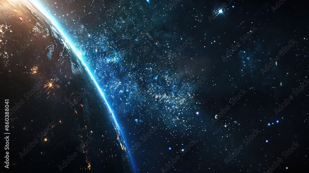 Earth from space with stars illuminating galaxy Earth from space with stars illuminating galaxy