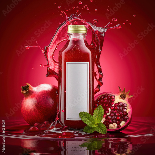 Pomegranate Juice Bottle with Splash, Whole Pomegranate, and Mint Leaves - Refreshing, Healthy, Organic, Antioxidant-Rich Beverage- Generative ai photo