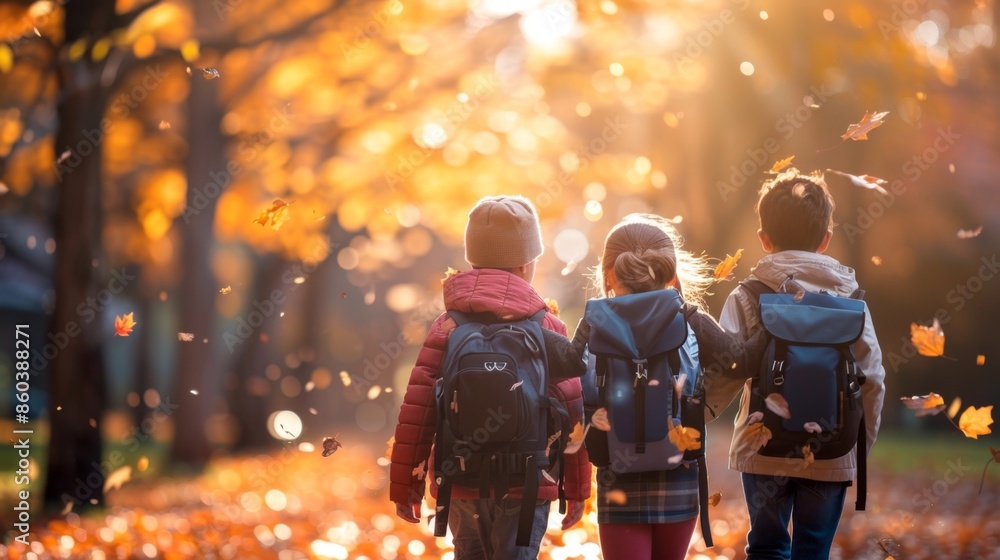 Three Children Walking in Autumn Park Generative AI Three Children Walking in Autumn Park Generative AI