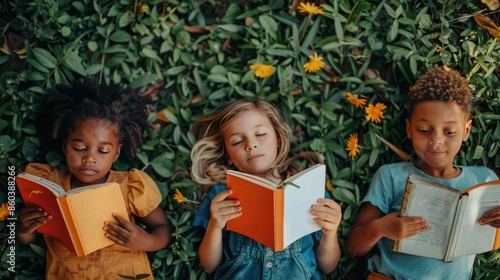 Children, books and lying in park with friends, learning or diversity for reading at school playground. Kids, education or study with support, mockup space or solidarity at multicultural kindergarten