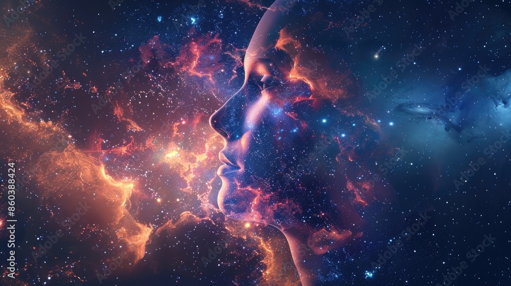 Fototapeta premium Ethereal female face blended with cosmic, starry background