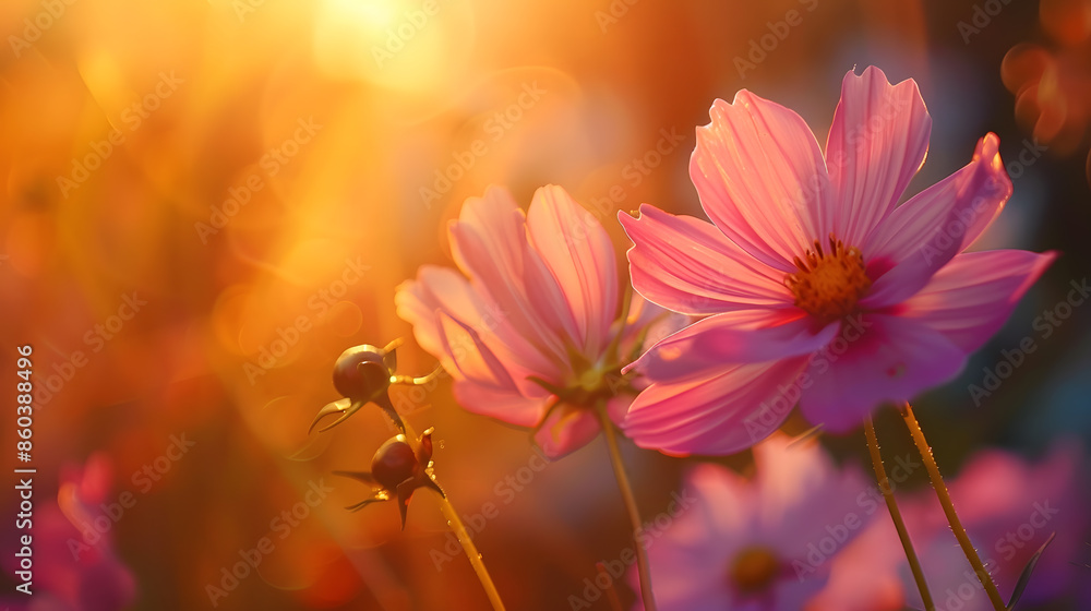 A beautiful cosmos flower in sunset background : Generative AI A beautiful cosmos flower in sunset background : Generative AI