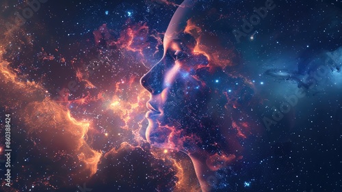 Ethereal female face blended with cosmic, starry background photo