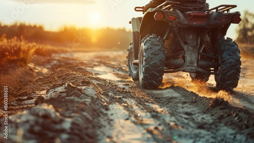 Person riding ATV on muddy trail at sunset
