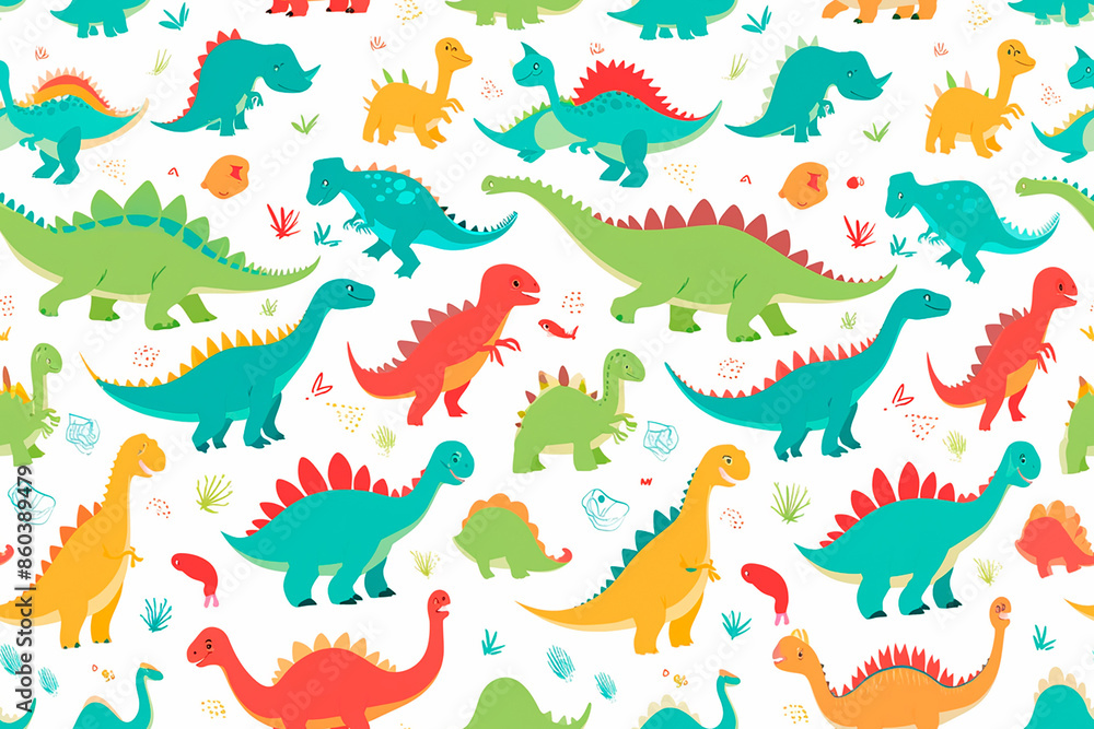 Cute dinosaur pattern featuring various colorful dinosaurs with playful expressions on a white background. Includes trees, plants, and dinosaur footprints, creating a whimsical prehistoric scene. Cute dinosaur pattern featuring various colorful dinosaurs with playful expressions on a white background. Includes trees, plants, and dinosaur footprints, creating a whimsical prehistoric scene.