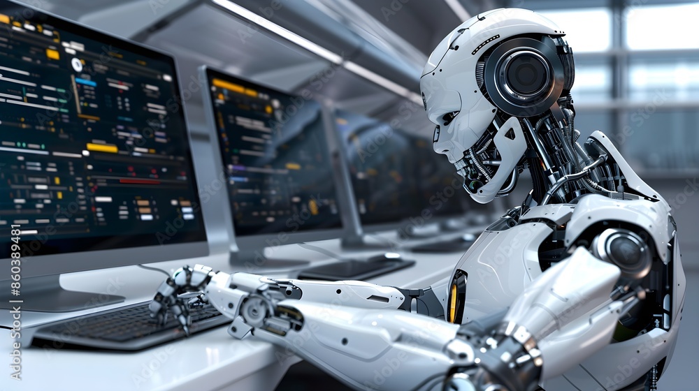 Humanoid robot is working on computer, working for humans Humanoid robot is working on computer, working for humans
