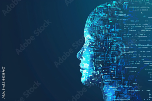 A digital art piece combining the silhouette of an AI head with binary code