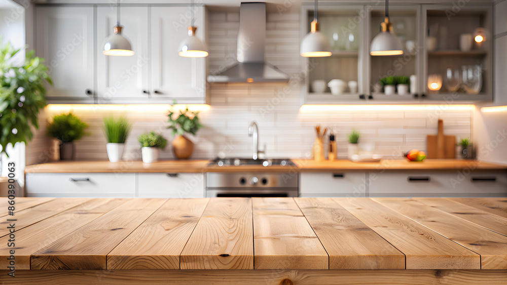Empty wood table top counter and blur bokeh modern kitchen interior background in clean and bright Empty wood table top counter and blur bokeh modern kitchen interior background in clean and bright