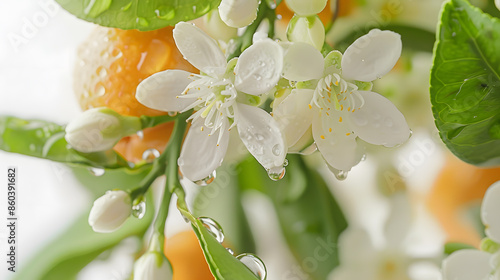 Orange tree bunch with white flowers buds and leaves and water drops isolated on white Neroli blossom Citrus bloom : Generative AI
