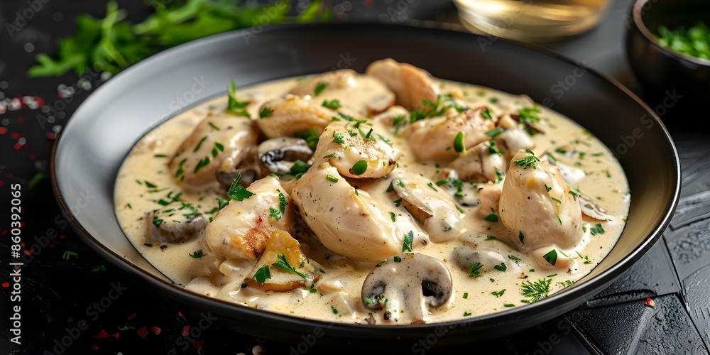 Creamy White Wine Sauce Chicken Fricassee with Mushrooms Served on a Black Plate. Concept Creamy sauces, Chicken dishes, Mushroom recipes, Gourmet plates, Food presentation, Creamy White Wine Sauce Chicken Fricassee with Mushrooms Served on a Black Plate. Concept Creamy sauces, Chicken dishes, Mushroom recipes, Gourmet plates, Food presentation,