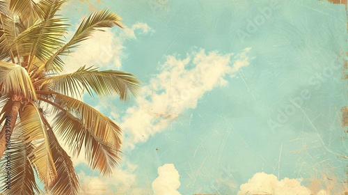 Vintage-style illustration of coconut palm tree foliage against a sky background, featuring retro tones and a faded color palette, evoking a nostalgic beach poster feel
