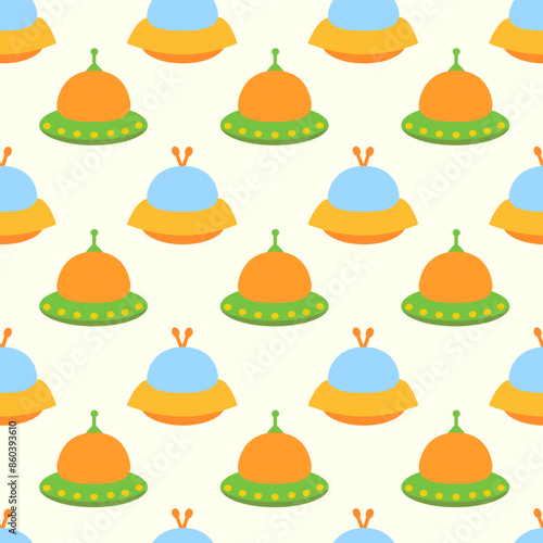 Alien yellow spaceship, spacecrafts and UFO Seamless Pattern. Cosmic ship in form saucer for transportation. Children design. Vector cartoon flat illustration.