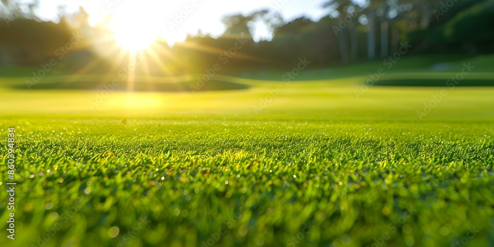 Morning tranquility on a lush green golf course at sunrise. Concept Golf Course Photography, Sunrise Tranquility, Outdoor Morning Scene Morning tranquility on a lush green golf course at sunrise. Concept Golf Course Photography, Sunrise Tranquility, Outdoor Morning Scene