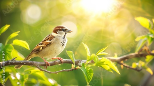 A House Sparrow Perched On A Branch In The Sunlight