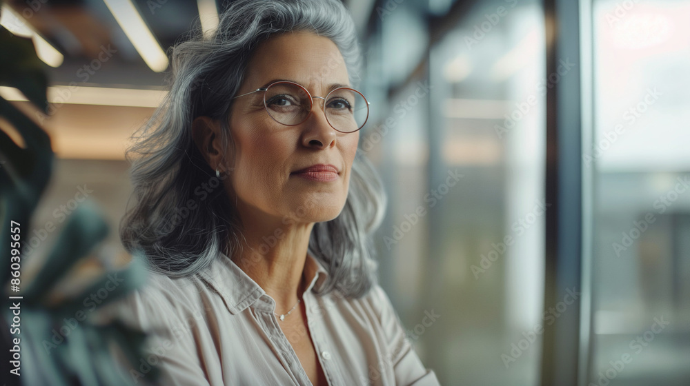 Mature woman looking thoughtfully out of an office window. Mature woman looking thoughtfully out of an office window.