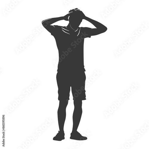Silhouette of Frustrated Man Holding Head in Anguish, Full Body View, Isolated on White.