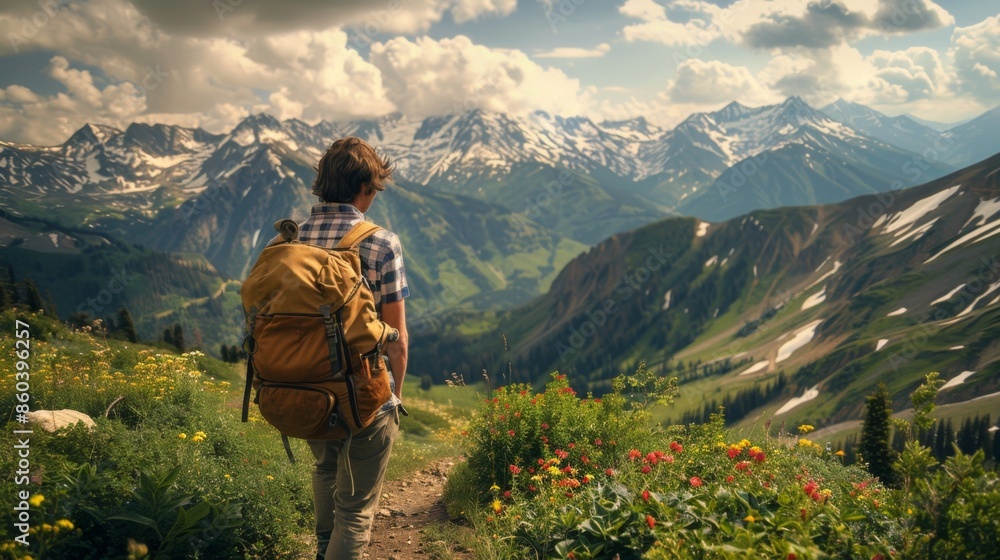 Hiker Enjoying Scenic Mountain View - Generative AI Hiker Enjoying Scenic Mountain View - Generative AI