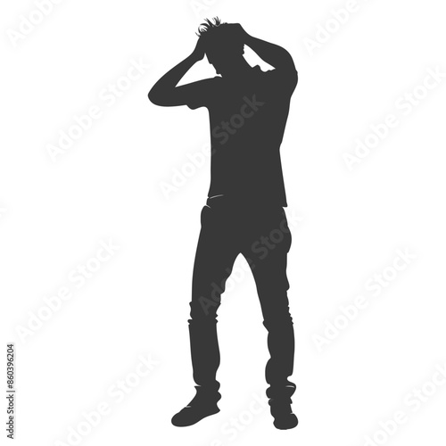 Silhouette of a Man in Despair, Hands in Hair, Isolated.
