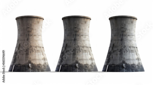 Cooling Towers: Structures for dissipating excess heat from power plant systems isolated on white background photo