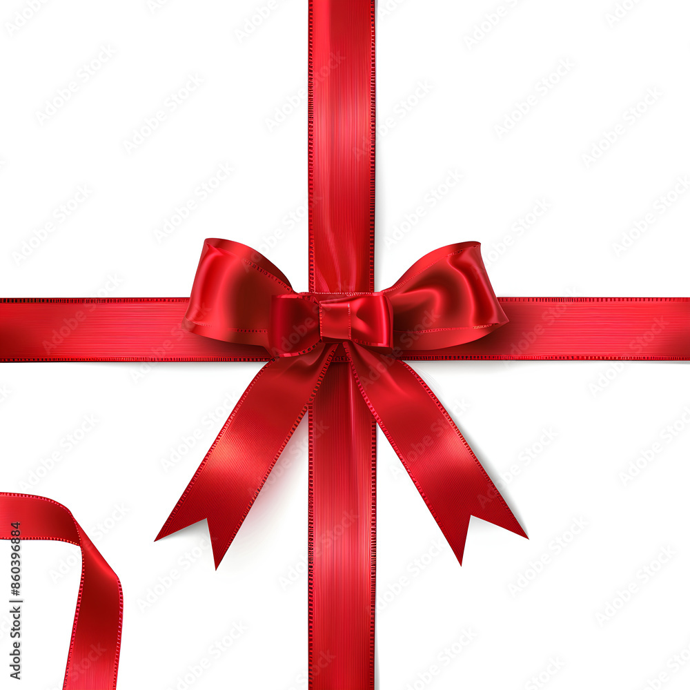 Red ribbon with bow on white background, top view. Red ribbon with bow on white background, top view.