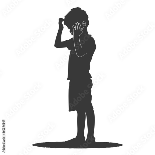 Isolated Silhouette: Boy Covering Ears in Distress, White Background.