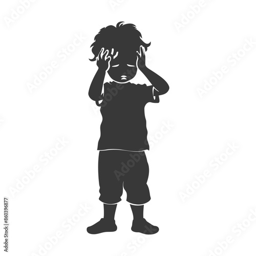 Silhouette of Frustrated Child: Hands to Head, Overwhelmed Expression, Anxious Little Boy.