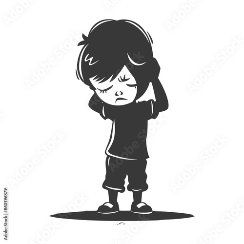 Monochrome Melancholy: Illustrated Boy Covering Ears, Downcast Gaze, Cartoon Depression.