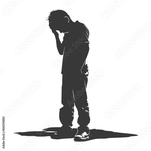 Silhouette of Boy in Distress, Hand on Head, Isolated White Background