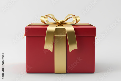 A red gift box with a golden ribbon on a white background, photo