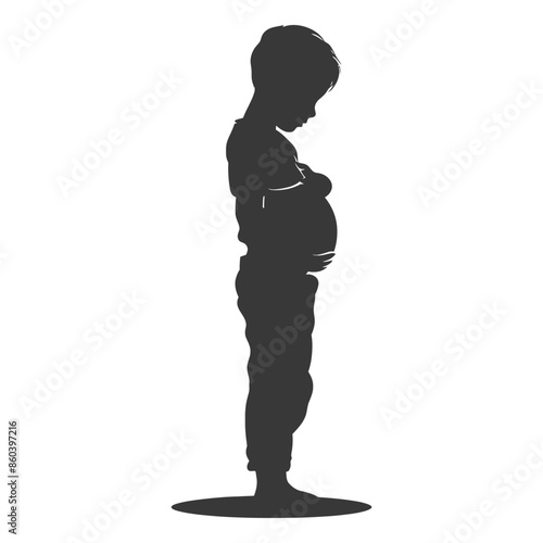 Silhouette of a Pouting Boy with Crossed Arms, Head Down, Isolated on White.