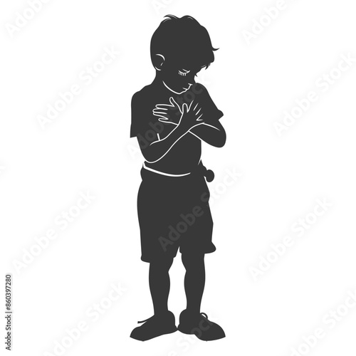 silhouette little boy holding stomach in pain black color only