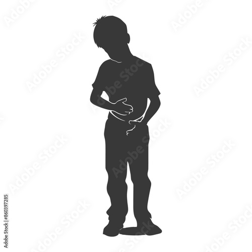 silhouette little boy holding stomach in pain black color only