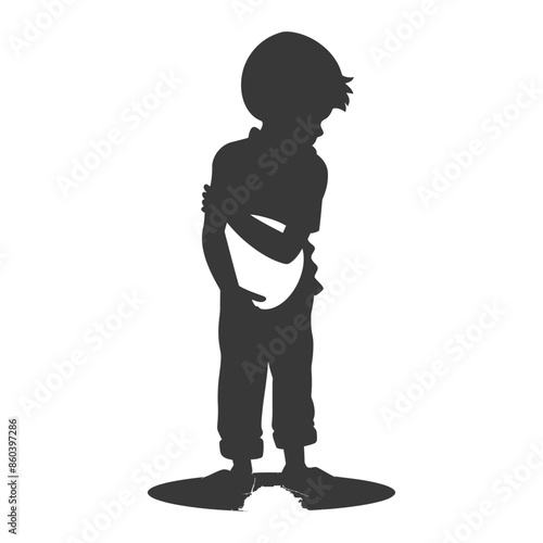 silhouette little boy holding stomach in pain black color only