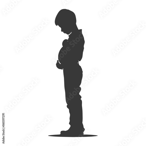 silhouette little boy holding stomach in pain black color only