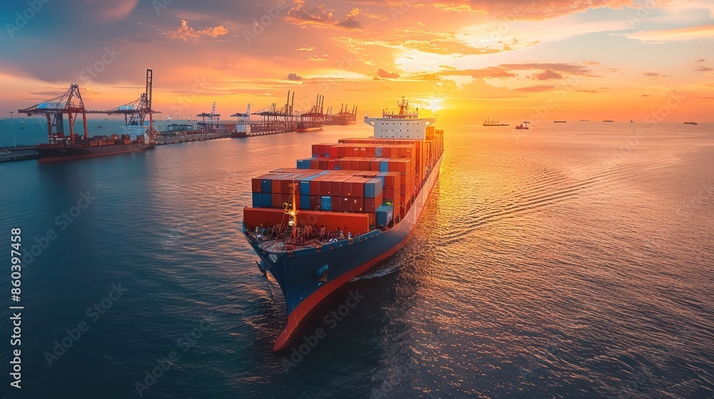 Obraz premium Logistics and transportation of Container Cargo ship and Cargo plane with working crane bridge in shipyard at sunrise, logistic import export and transport industry background
