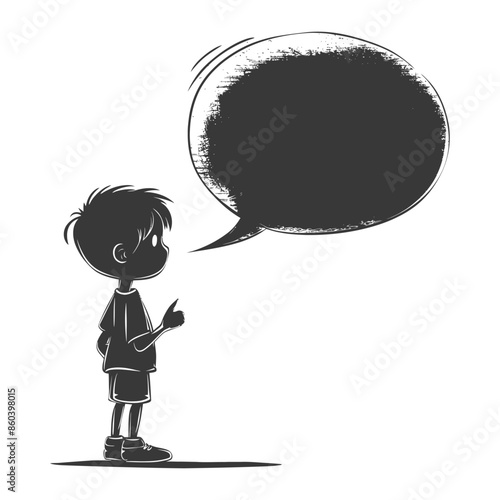 Boy with Speech Bubble: Silhouette Cartoon Kid Giving Advice or Sharing Thoughts.