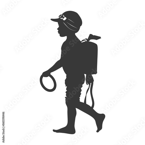 Silhouette of Child with Backpack, Inner Tube, and Sun Hat on the Move