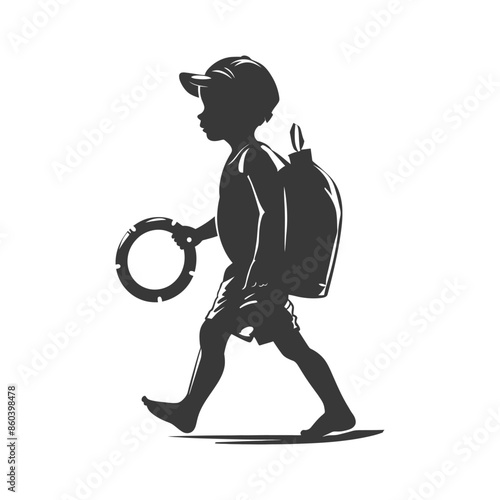 Silhouette of a boy walking, toy ring, backpack, cap, barefoot child, vector illustration.