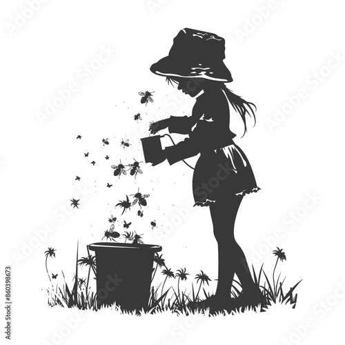 Silhouette: Girl with Hat Releasing Bees from Box into Bucket, Wildflowers.